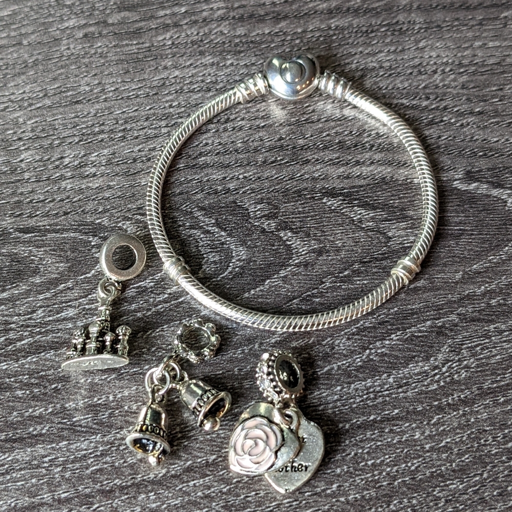 Pandora Moments Heart Clasp Snake Chain Bracelet with Three Charms